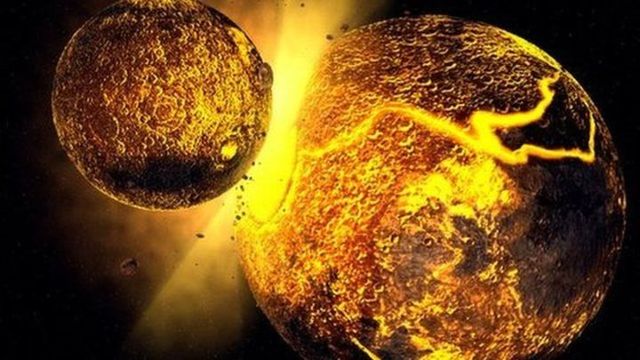 Moon crashing in to the earth (date is 10^-8 of actual date)