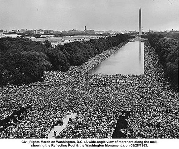 In August of 1963 More than 200,000 people, black and white, congregated in Washington, D. C. for the peaceful march with the main purpose of forcing civil rights legislation and establishing job equality for everyone.