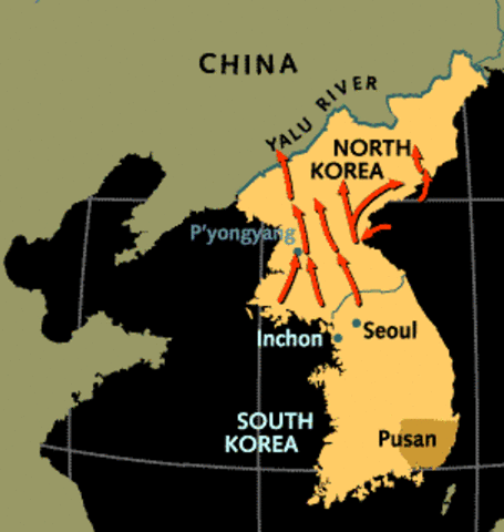 UN forces push North Korea to Yalu River- the border with China