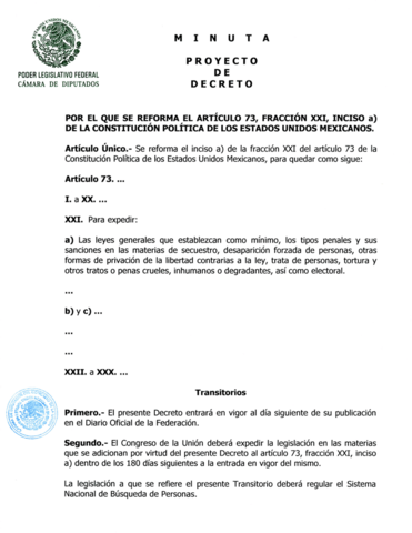 "Decreto para reformar el artículo 73 de la Constitución Política de los Estados Unidos Mexicanos".