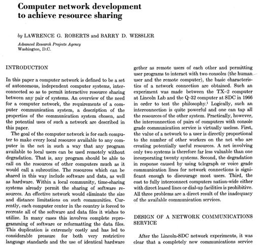 Lawrence Roberts and Barry Wessler publish "Computer Network Development to Achieve Resource Sharing"