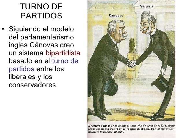 Turno de partidos: Conservador (Cánovas)/ Liberal (Sagasta)
