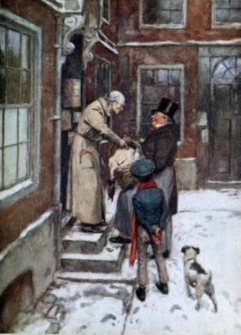 Scrooge starts to turn nice and is very kind to a little boy