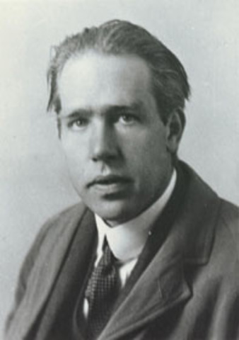 Niels Bohr. Átomo como un núcleo cargado positivamente y rodeado de electrones orbitando.