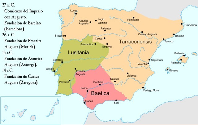 Octavio recibe el título de Augusto, se convierte en emperador de Roma, Agripa reorganiza Hispania en tres provincias.