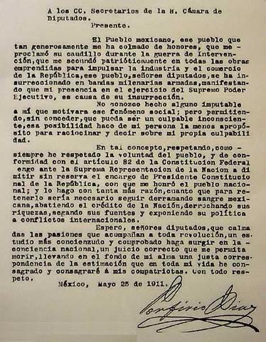 Renuncia de Díaz a la presidencia del país.