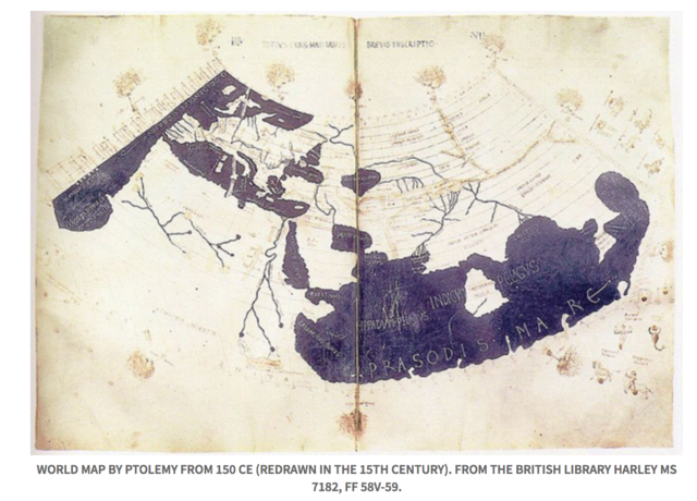 150 Ptolemy creates world map with coordinates for 8,000 locations