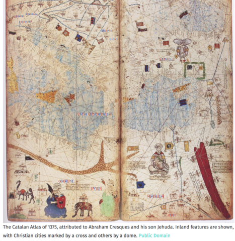 1375 Abraham Cresques produces world map using portolan maps