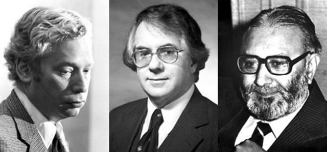 Abdus Salam, Steven Weimber y Sheldon Glashow.