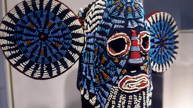 Aka elephant mask. Bamileke (Cameroon, western grassfields region). c. 19th to 20th century C.E. Wood, woven raffia, cloth, and beads.