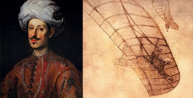 con 65 años de edad, Ibn Firnás se hizo confeccionar unas alas de madera recubiertas de tela de seda que había adornado con plumas de rapaces