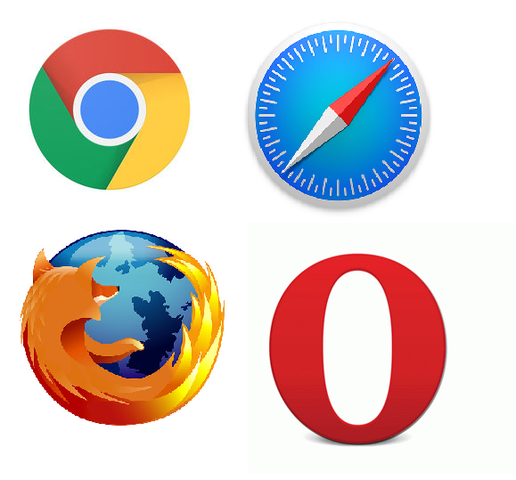 Olika webbläsare, Firefox, Google Chrome, Safari, Opera.