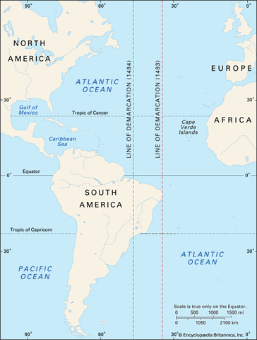 The Line of Demarcation introduced to calm down the fight between Spain and Portugal.