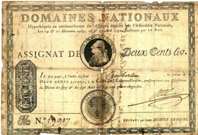 Introducción de los Assignats como papel moneda.