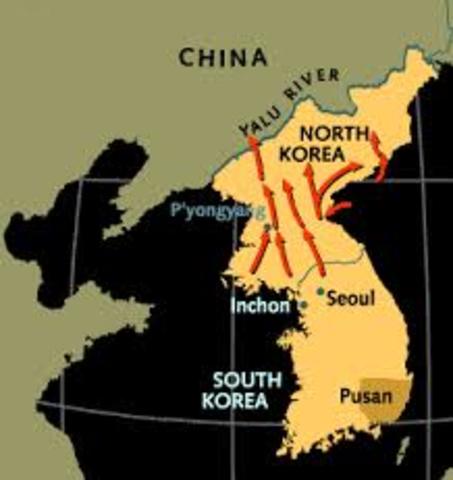 UN forces push North Korea to Yalu River- the border with China