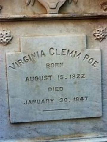 Poe's wife Virginia dies of tuberculosis at their home in the Bronx.