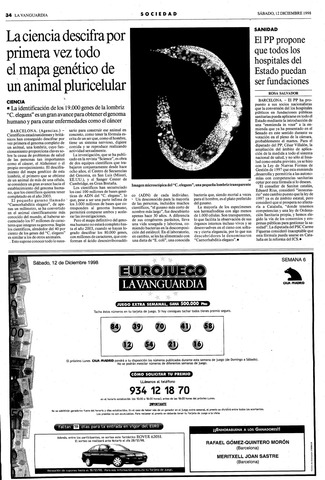 Se completa la secuencia del genoma de Caenerhabditis  elegans.