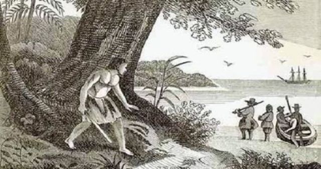 Llegada del bote inglés a la isla