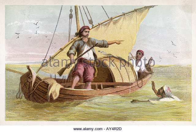 Se monta en una piragua y se van con el Xury y otro compañera engañados y después de eso tira al compañero a la borda. Escapa con Xury bordeando la costa de Africa