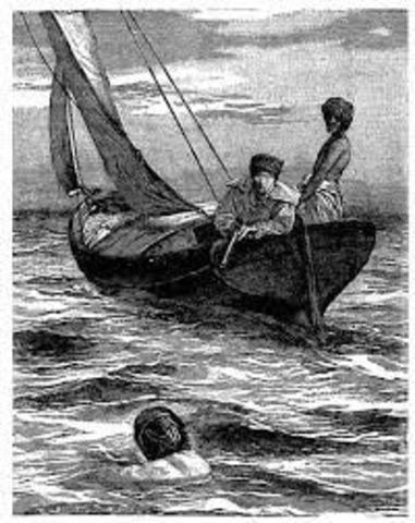 Robinson escapa con Xury en el barco de su amo