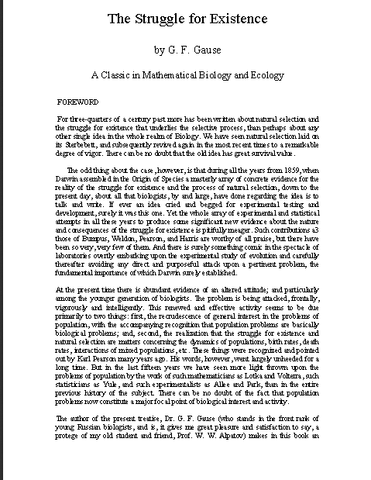 Georgi Frantsevich Gause publica "The Struggle for Existence".