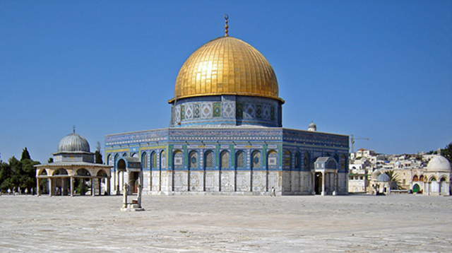 Dome of the Rock. Jerusalem, Palestine. Islamic, Umayyad. 691-692 C.E., with multiple renovations. Stone masonry and wooden roof decorated with glazed ceramic tile, mosaics, and gilt aluminum and bronze dome.