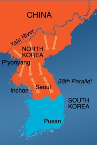 •	UN forces push North Korea to Yalu River- the border with China