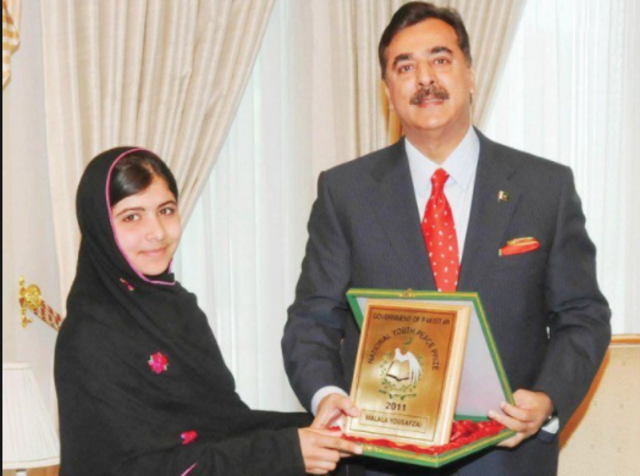 In 2011, Malala receives the first National Peace Award for Youth, from the Prime Minister of Pakistan