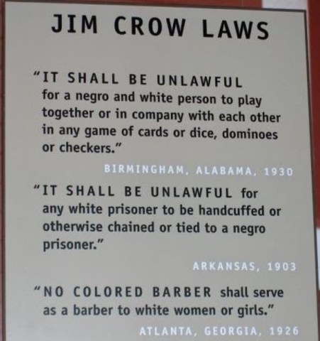 •	Jim Crow Laws Start in South