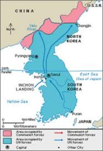 UN forces push North Korea to Yalu River- the border with China