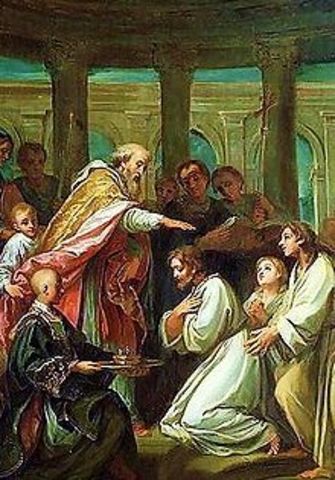 San Agustín recibe el bautismo por San Ambrosio