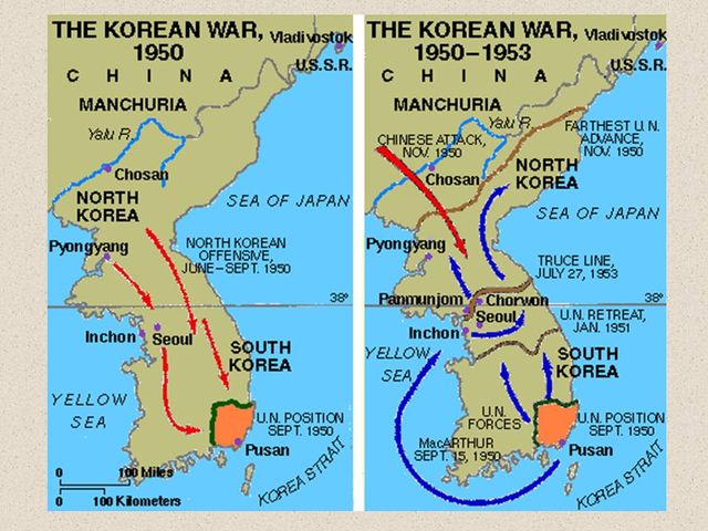 UN forces push North Korea to Yalu River- the border with China