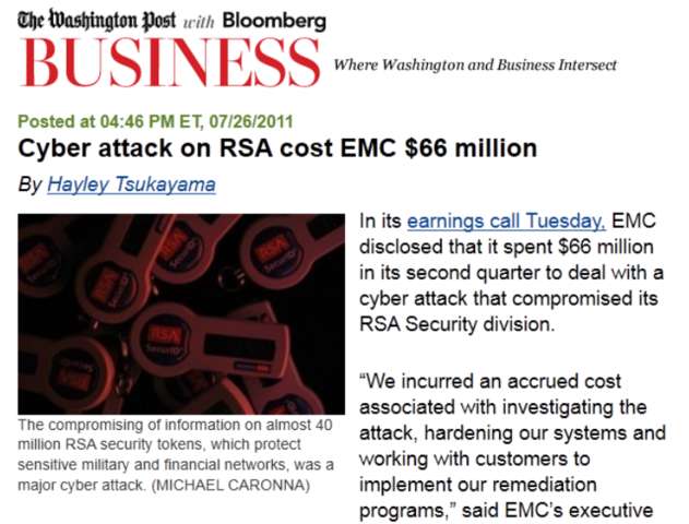 Cost of RSA Breach: $66 Millon