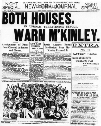 In the Spanish American War, prompted by yellow journalism on the explosion of the Maine, President McKinley abandons hope of neutrality in the Cuban-Spanish conflict and establishes Declaration of War against Spain.