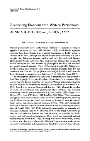 Reconciling Emotions with Western Personhood. Fischer, A. H.; Jansz, J.
