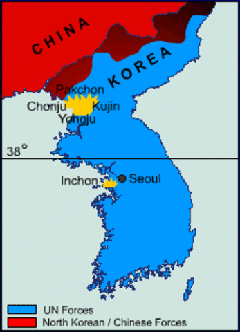 UN forces push North Korea to yalu river- the border with China