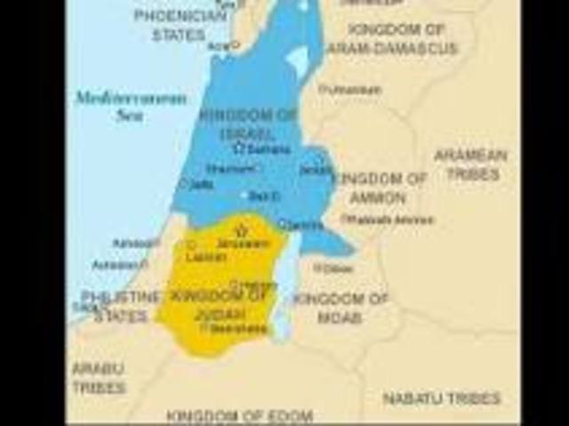 Kingdom divides into Israel and Judah.