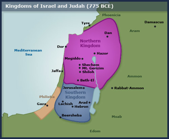 Kingdom divides into Israel and Judah.