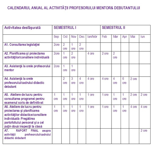 CALENDARUL CU ACTIVITATILE  MENTORULUI & DEBUTANTULUI