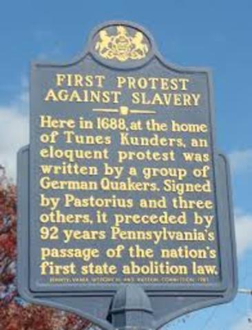 The Pennsylvania Quakers pass the first formal antislavery resolution.