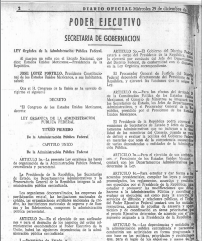 Decreto de la ley Orgánica de la Administración Pública Federal.
