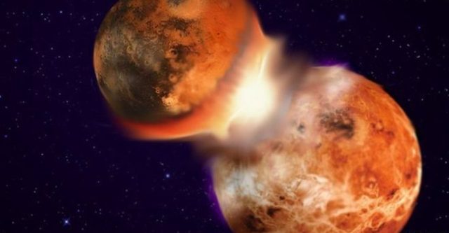 4,500 Millones de años atrás. El Gran Impacto  La Luna se origino como resultado de una colisión entre la joven Tierra y un protoplaneta del Tamaño de Marte, esta colisión hizo que el eje de la Tierra se inclinara-> Estaciones Climáticas