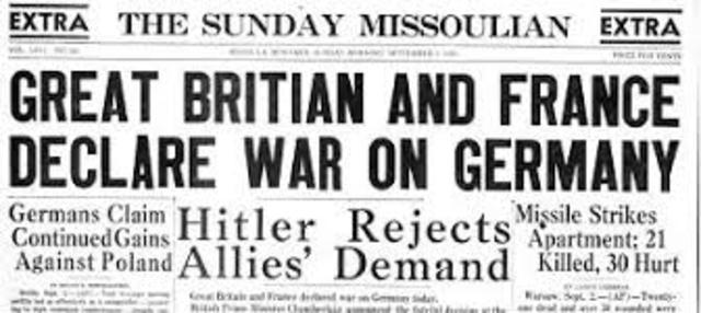 Storbritannia og Frankrike erklærer krig mot Tyskland