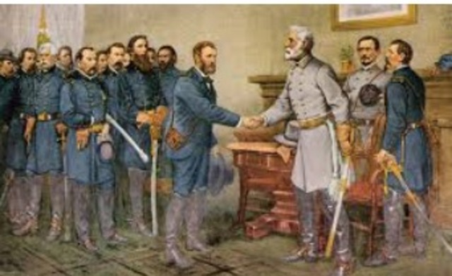 Robert E. Lee surrenders at Appomattox