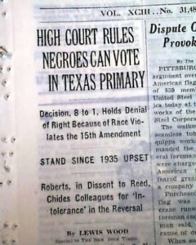 The U.S. Supreme Court declares white only political primaries unconstitutional in the Smith v. Allwright case