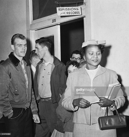 On court order, the University of Alabama admits its first African American student, Autherine Lucy; finds "legal" ways to keep her from attending