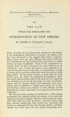 Alfred Russell Wallace publishes On the Law Which Has Regulated the Introduction of New Species
