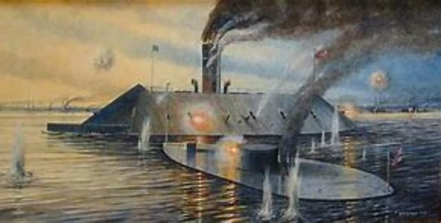 The Merrimac and the Monitor fight of Virginia coast