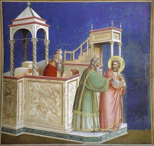 Giotto di Bondone - Obra: "Joaquín expulsado del Templo", primera escena del ciclo narrativo de la Capilla de los Scrovegni.