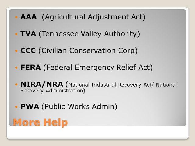AAA, TVA, NIRA, NRA, and PWA